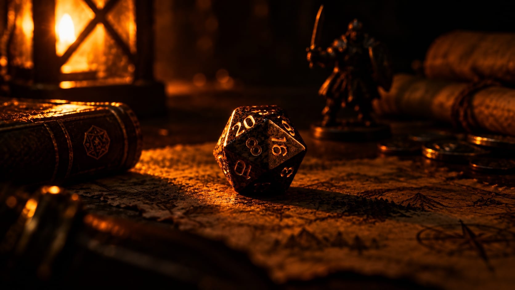 Dado de vinte lados sobre um mapa antigo, iluminado por uma lanterna, com livro, miniatura de guerreiro e moedas ao redor
